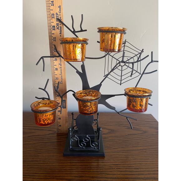Black Metal Tea Light Halloween Tree with Glass Votives Decoration - Picture 4 of 5
